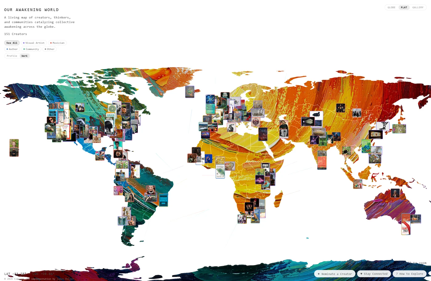 Our Awakening World: a painted world map dotted with community portraits